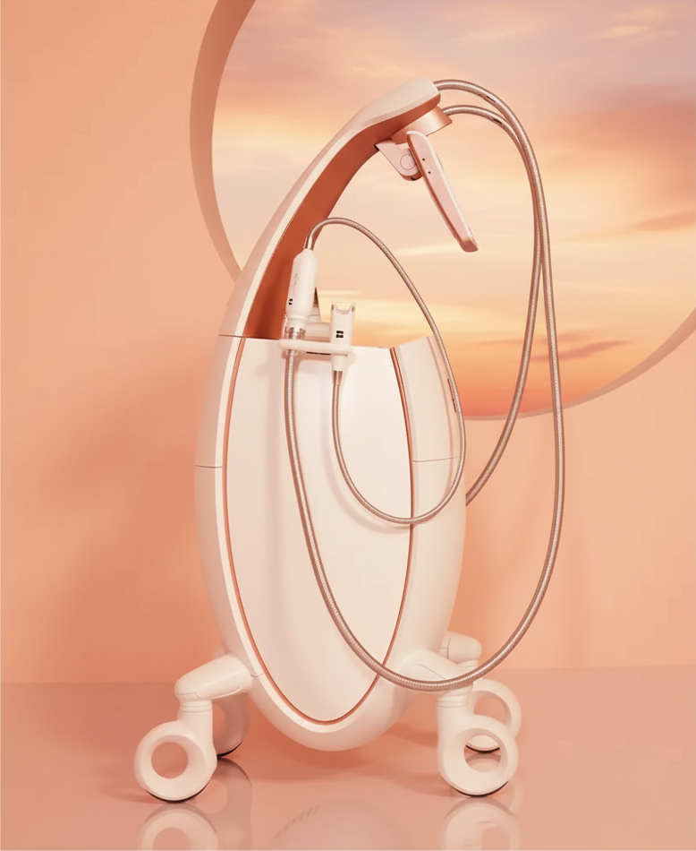 Un appareil médico-esthétique moderne en forme d'œuf, blanc et or rose, reposant sur quatre roues sur fond de coucher de soleil.