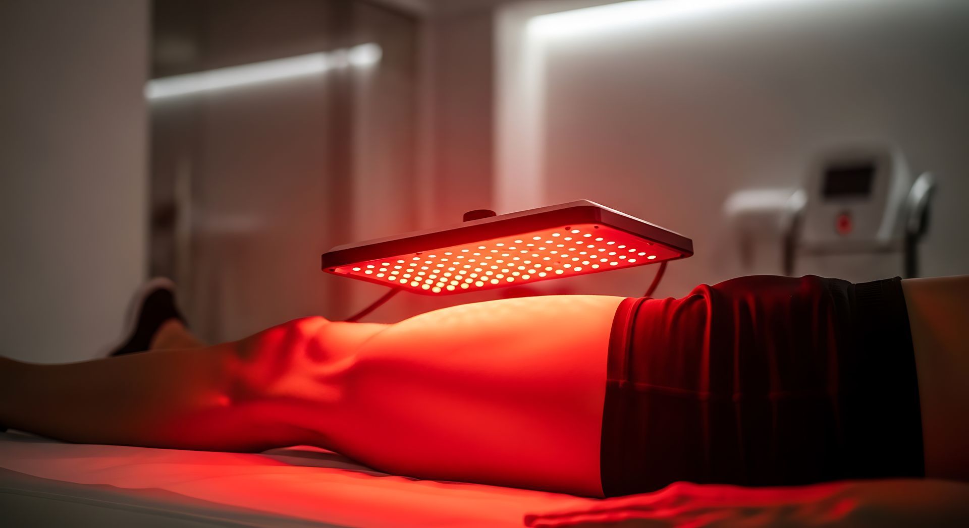Panneau de luminothérapie rouge éclairant une personne allongée sur une table de traitement dans une salle de clinique.