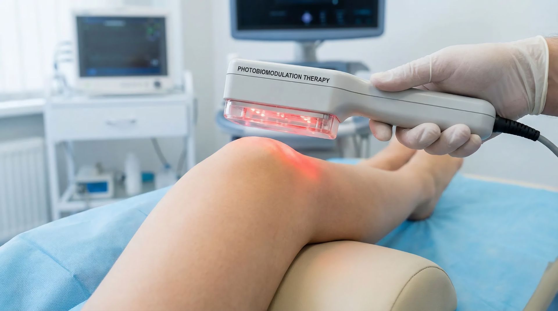 Une main gantée utilise un appareil de luminothérapie rouge sur le genou d'un patient en milieu clinique.