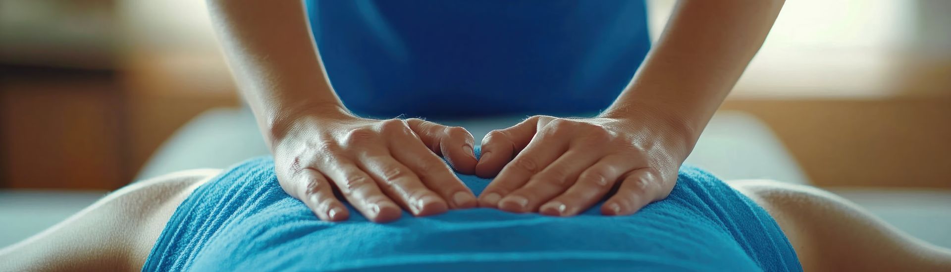 Une personne vêtue d'une chemise bleue reçoit un massage du dos prodigué par un thérapeute.