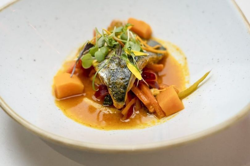 Plato gourmet emplatado con salsa de naranja, verduras y microvegetales en un cuenco blanco