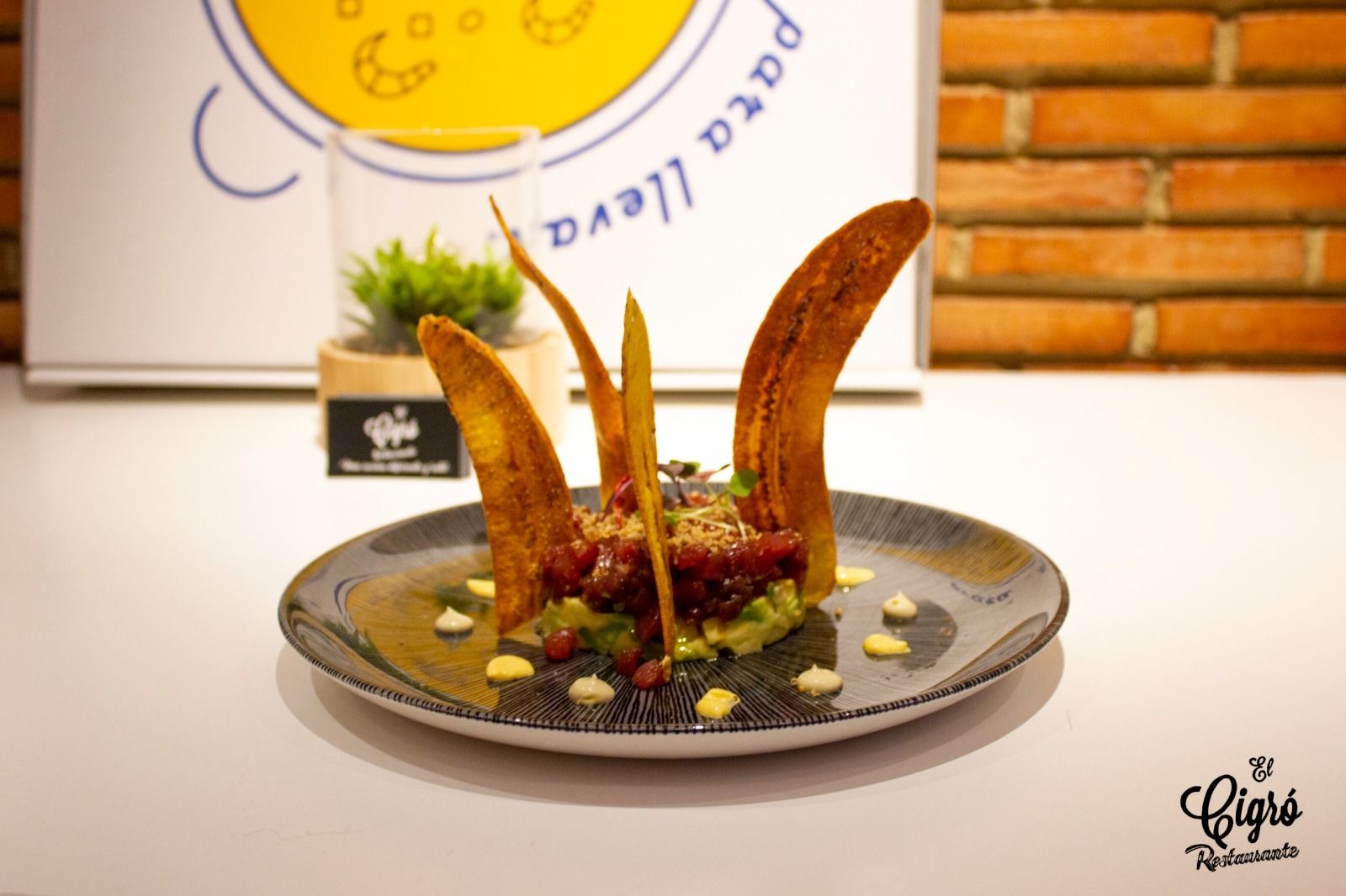 Postre gourmet emplatado con fragmentos de teja de caramelo, frutos rojos y salsa sobre una encimera blanca.