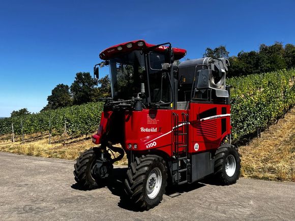 Rotweinlesemaschine neben Weinreben unter klarem, blauem Himmel