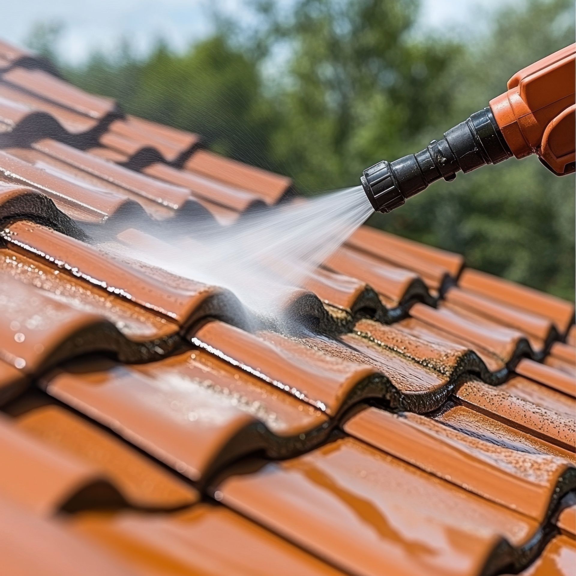Un nettoyeur haute pression projette de l'eau pour nettoyer les tuiles en terre cuite du toit.