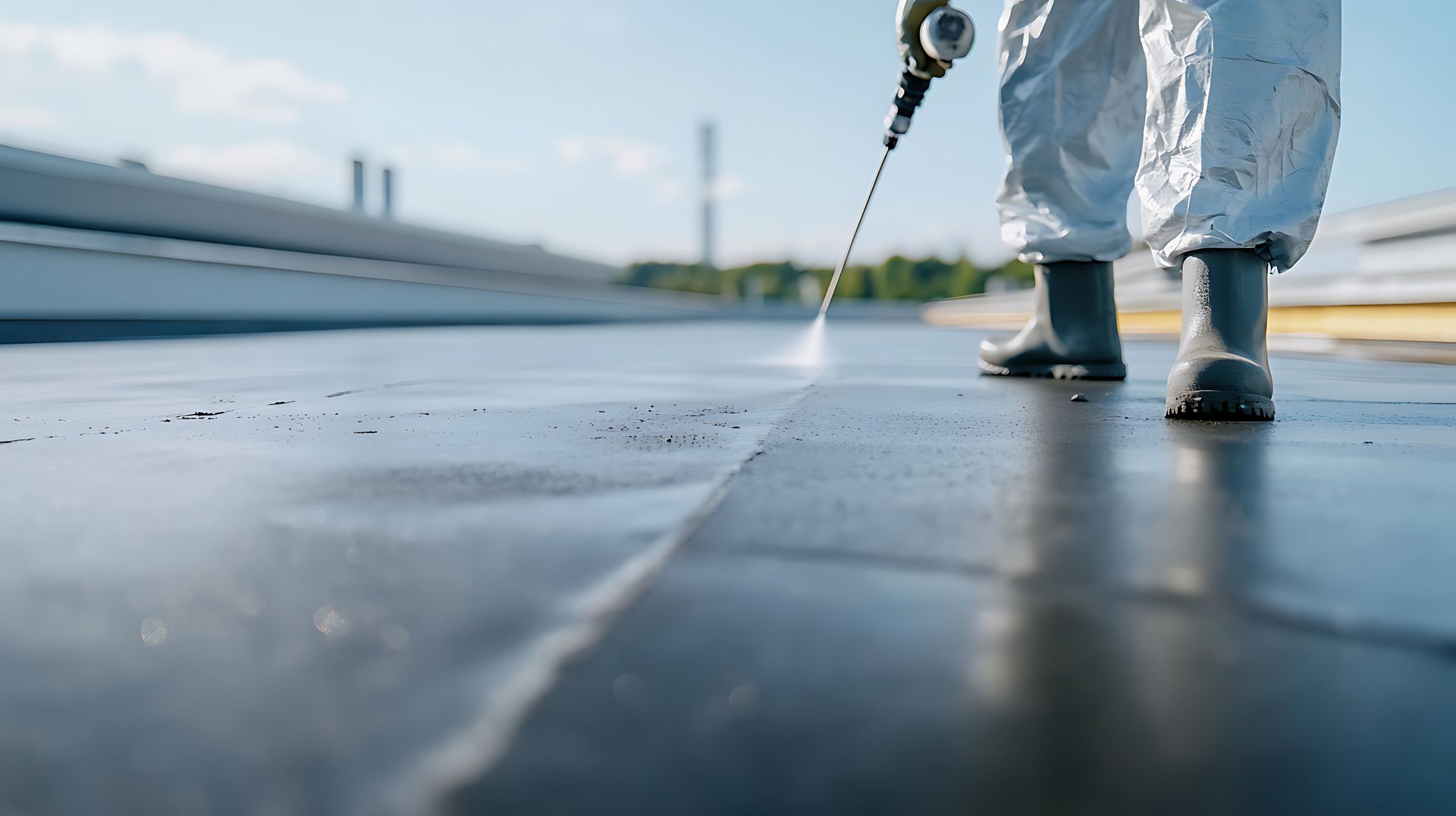 Une personne portant un équipement de protection utilise un pulvérisateur pour appliquer un revêtement liquide.