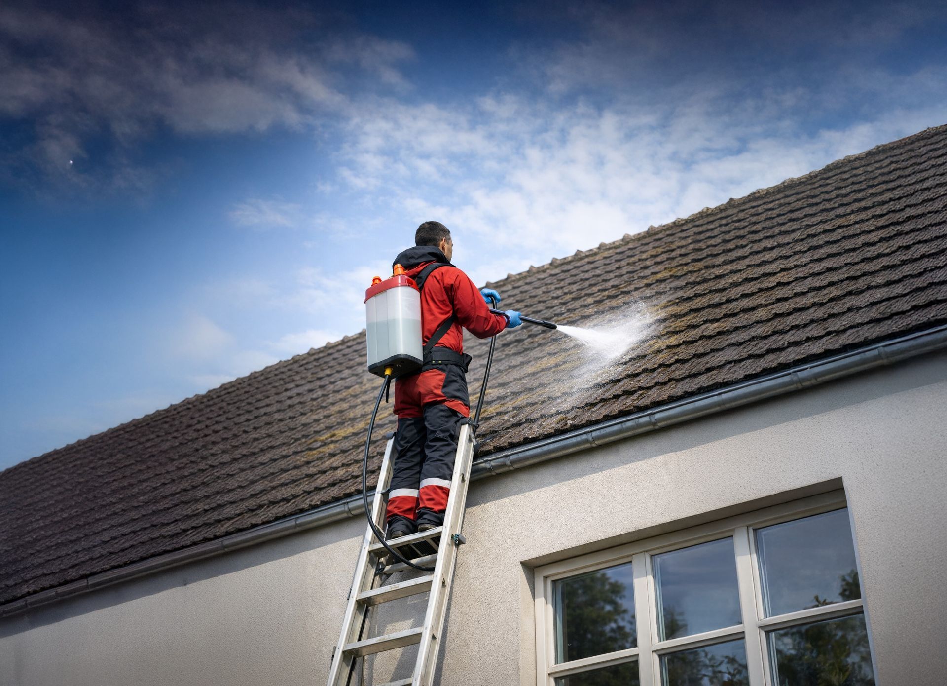 Une personne vêtue d'une combinaison de protection rouge monte à une échelle et utilise un pulvérisateur.