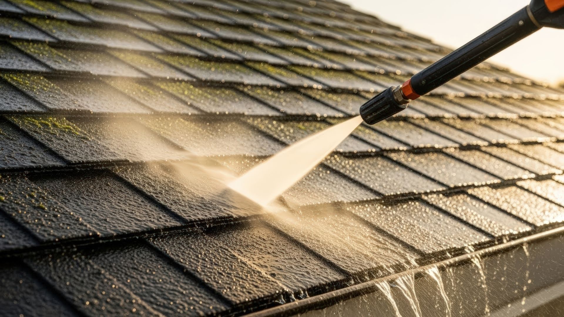 Un nettoyeur haute pression projette de l'eau sur les bardeaux d'asphalte foncés du toit pour enlever la saleté.