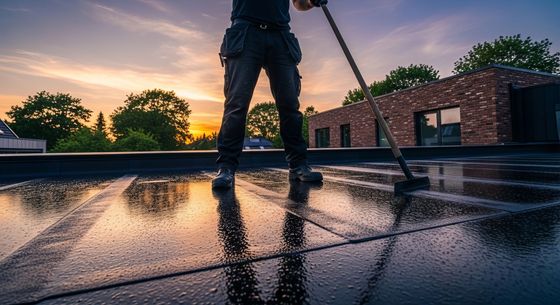 Un ouvrier utilise une raclette sur un toit plat et mouillé au coucher du soleil, avec un bâtiment en briques.
