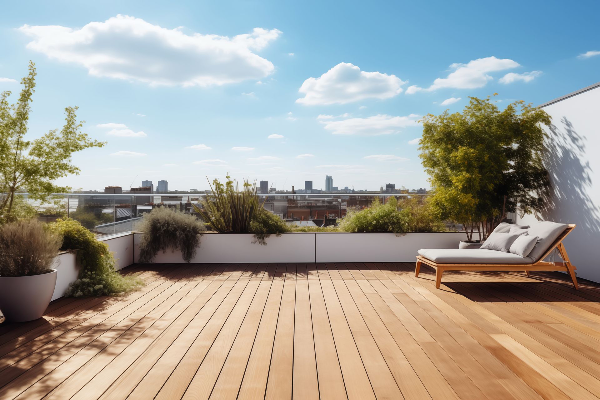 Une terrasse ensoleillée sur le toit, avec un plancher en bois.
