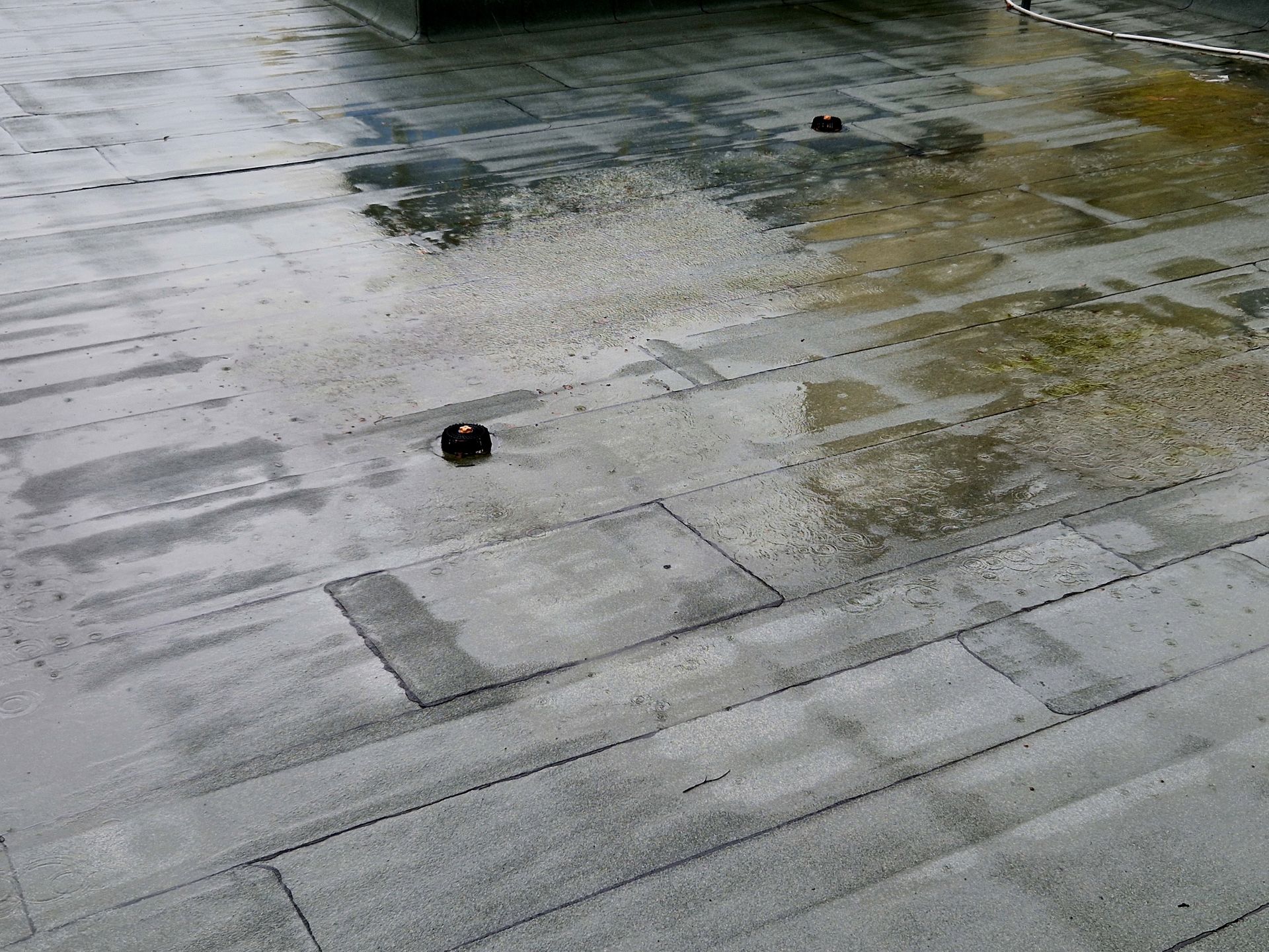 Une terrasse humide, carrelée de pierres grises, avec quelques flaques d'eau éparses.