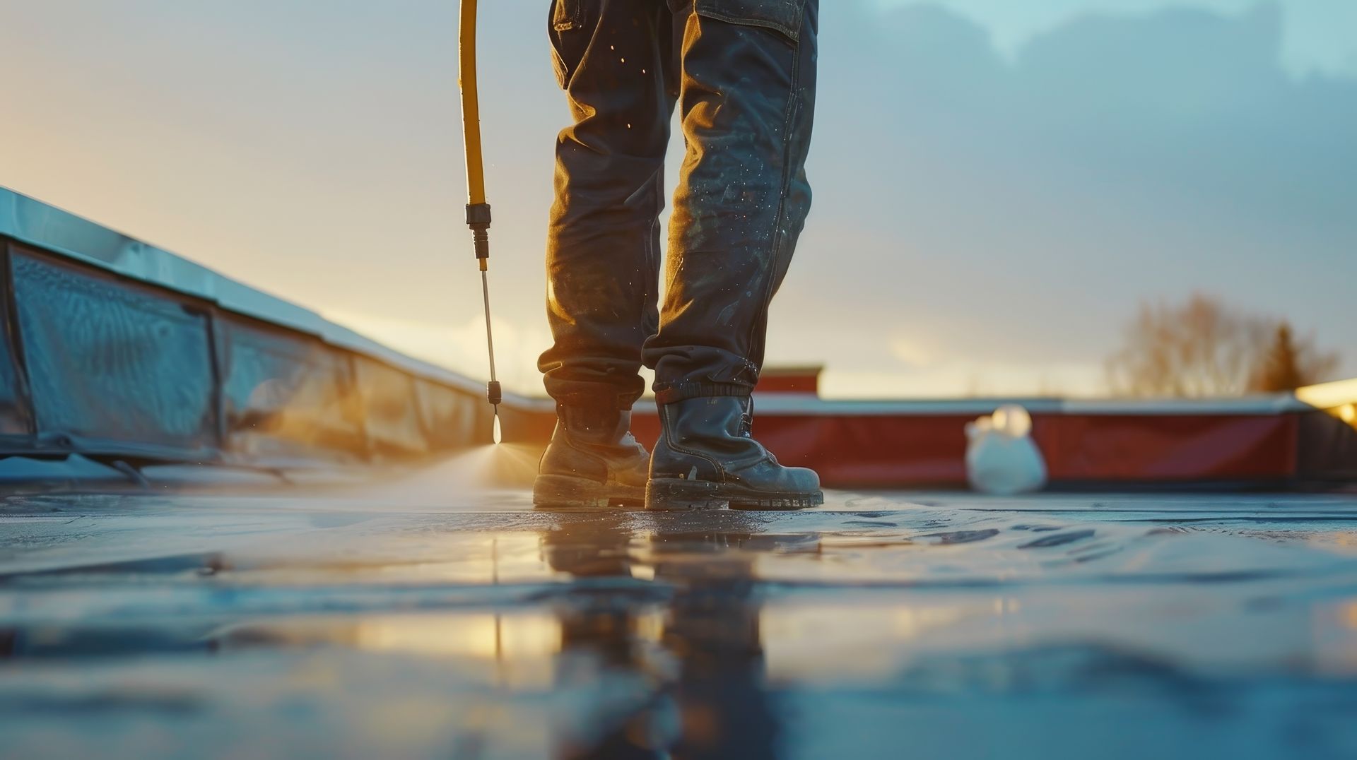 Une personne portant des bottes de travail utilise un nettoyeur haute pression pour nettoyer la surface.