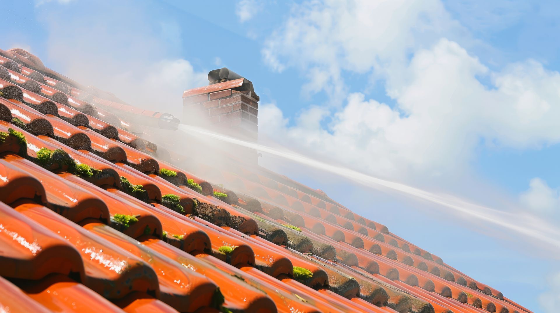 Sous un ciel bleu, un puissant jet d'eau nettoie la saleté et la mousse des tuiles en terre cuite.