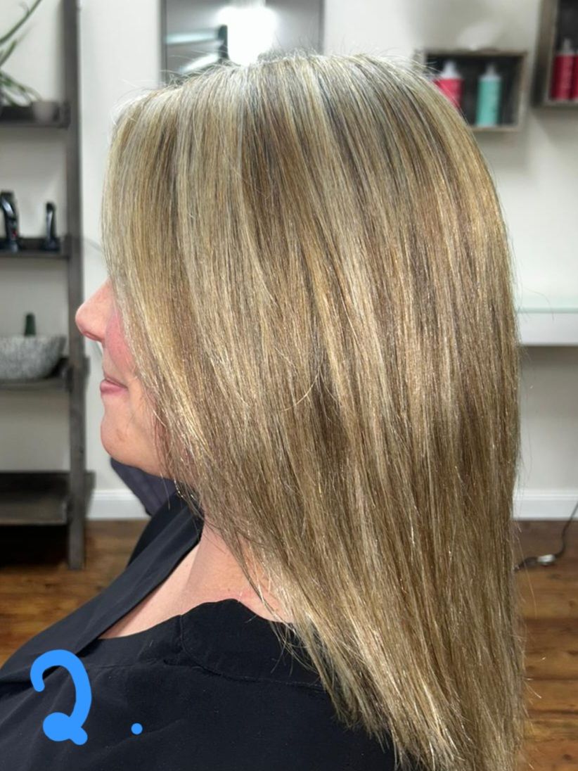 Schulterlanges Haar mit kühlem Blond und präzisem Schnitt