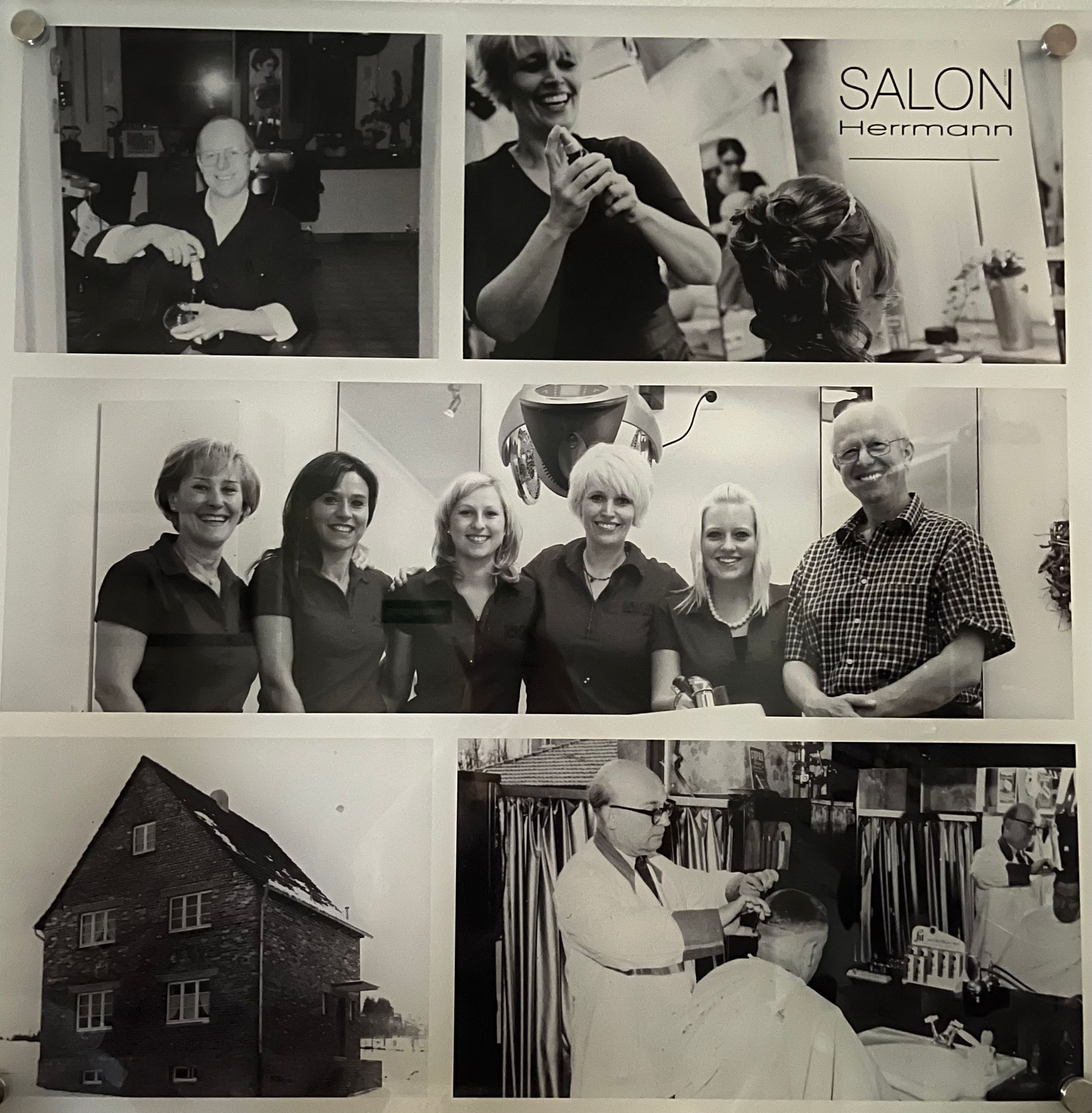 Fotos: Salonpersonal Hermann, Friseure, Kunden. Ein Gebäude und ein Mann beim Haareschneiden sind ebenfalls zu sehen.