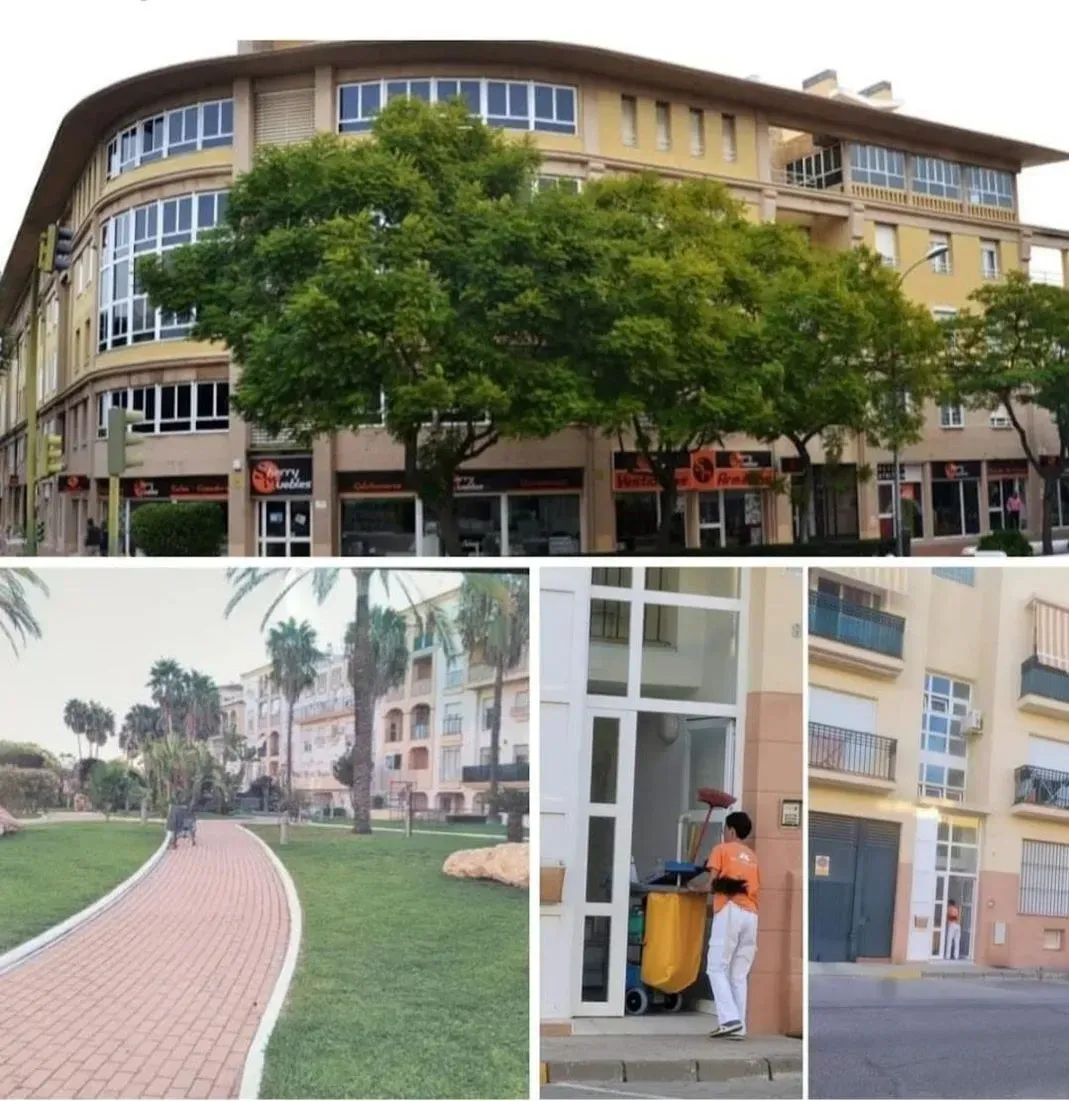 Un collage de imágenes muestra un gran edificio con muchas ventanas.