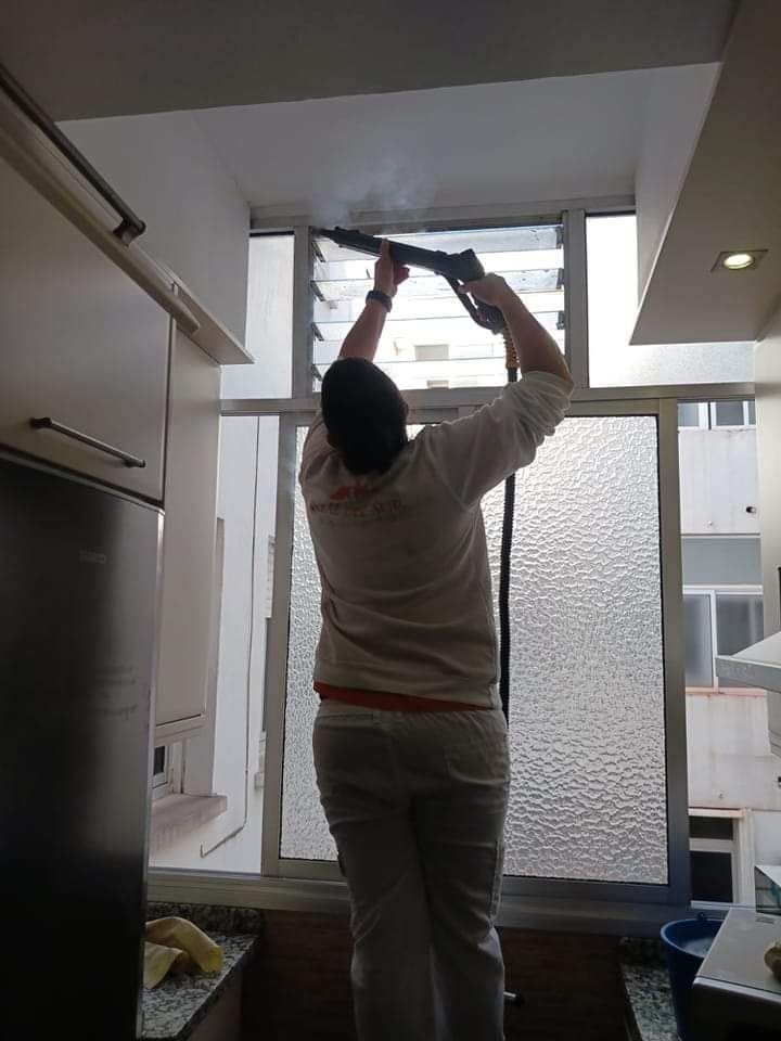 Una mujer está limpiando una ventana con un trapeador.