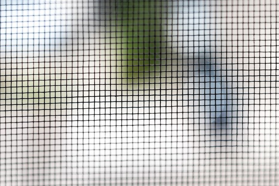 Primer plano de la mosquitera de una ventana, que oculta una vista borrosa de los árboles y el cielo.