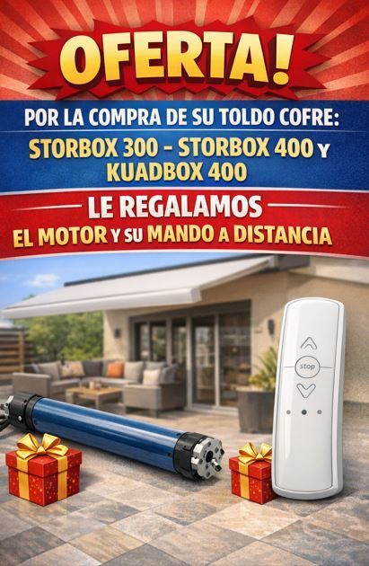Anuncio de toldos: motor y mando gratis con la compra de STORBOX o KUADBOX.