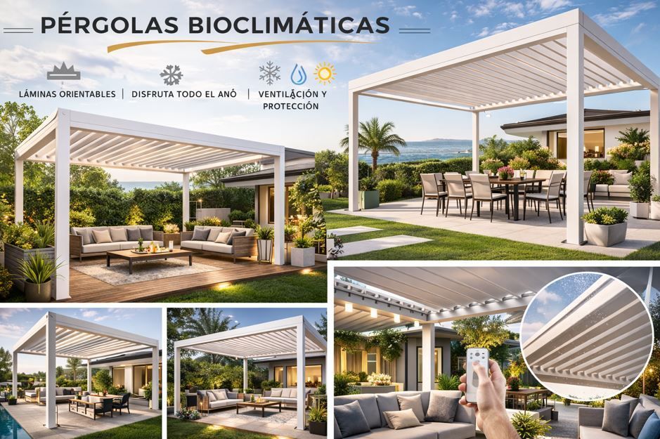 Pérgolas bioclimáticas en diversos ambientes exteriores