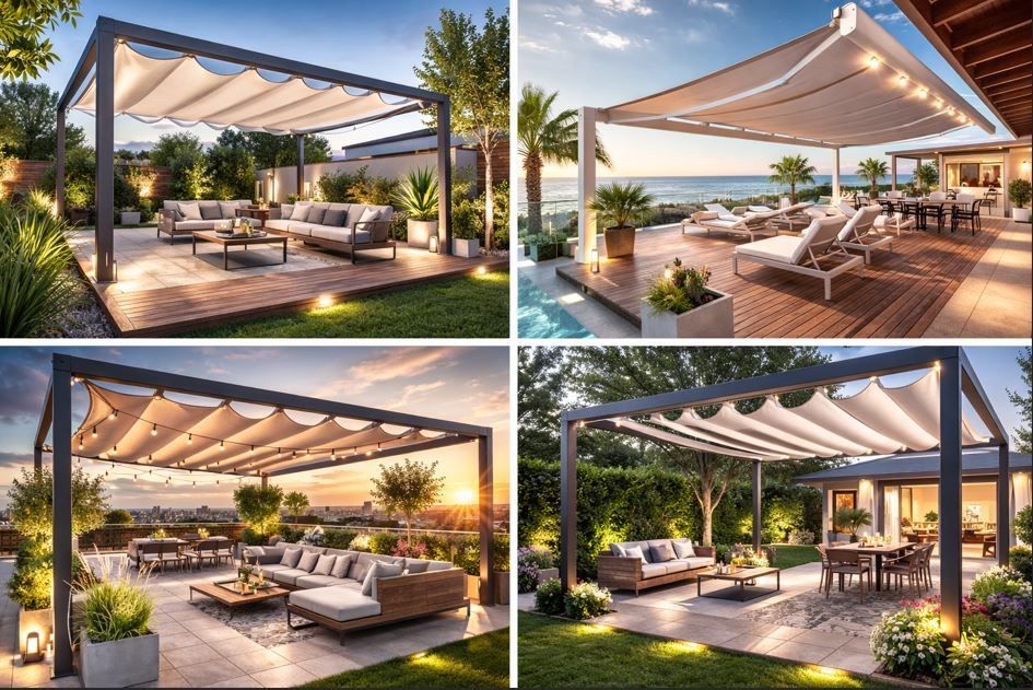 Cuatro espacios de patio al aire libre con pérgolas, mobiliario e iluminación.
