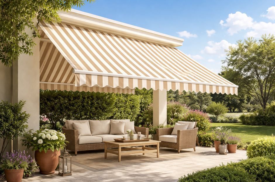 Toldo de rayas beige y blancas sobre muebles de patio exterior. Jardín exuberante al fondo.