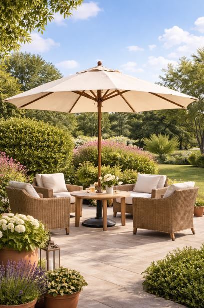Conjunto de muebles de patio con sombrilla, rodeado de exuberante jardín.