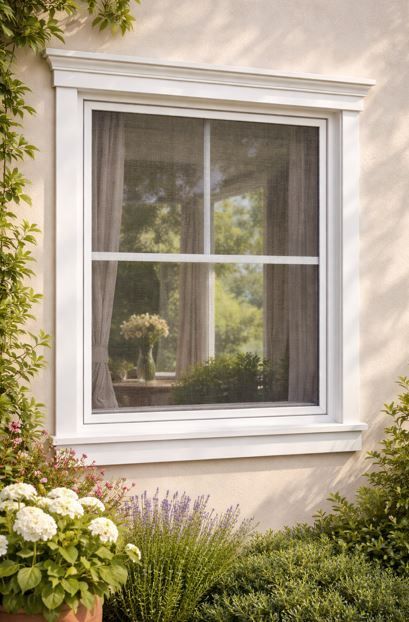 Ventana con marco blanco y mosquitera, con flores 
