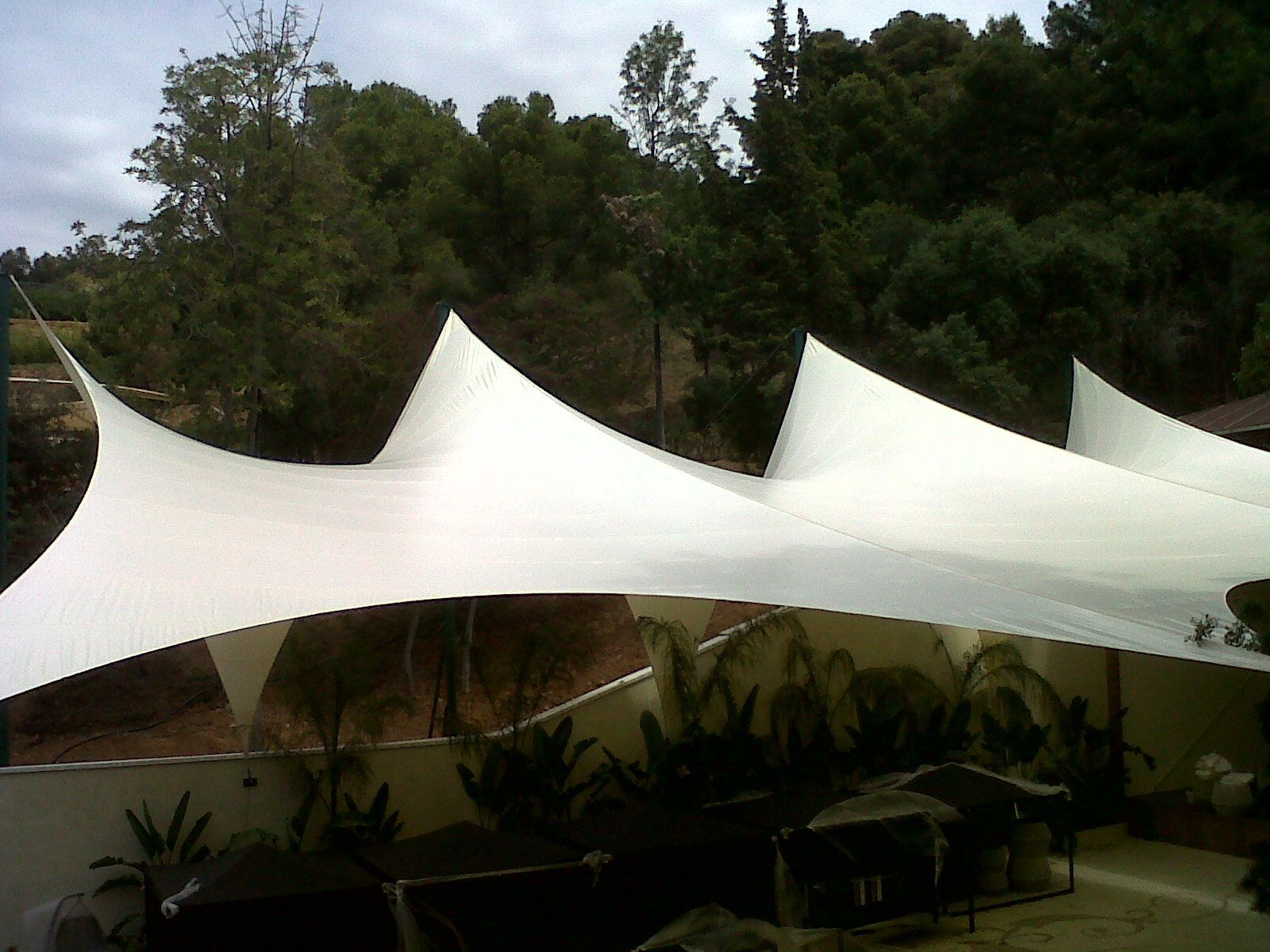 Una gran carpa blanca con árboles al fondo.