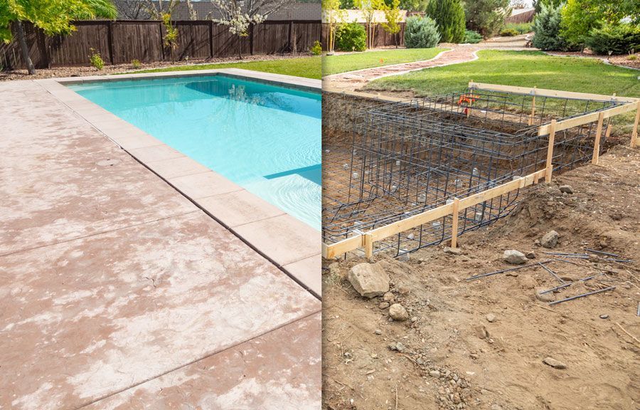 Una imagen de antes y después de la construcción de una piscina.