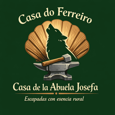Logotipo de Casa do Ferreiro y Casa de la Abuela Josefa. Presenta un lobo, un martillo, un yunque y una vieira sobre fondo verde.