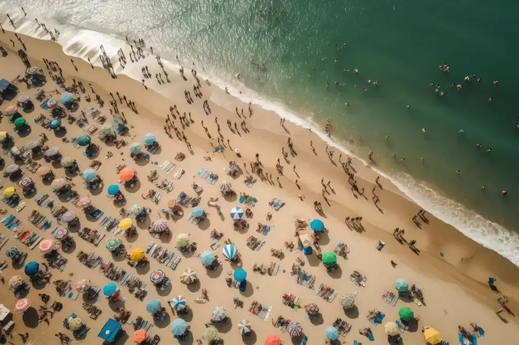 Vista aérea de una playa llena de gente con sombrillas de colores y gente nadando en el océano.