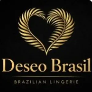 Logotipo: Hojas doradas en forma de coraz&oacute;n sobre fondo negro, texto "Deseo Brasil", texto "Lencer&iacute;a brasile&ntilde;a" debajo.