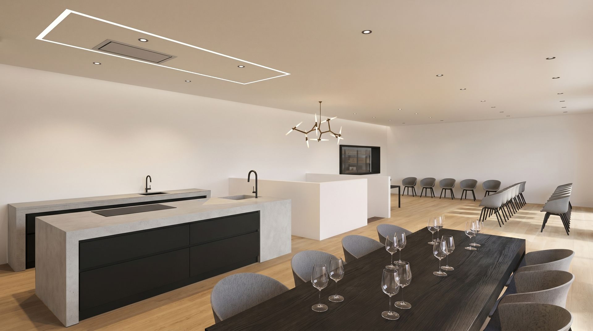 Cocina y comedor modernos de planta abierta con isla negra, suelo de madera, taburetes de bar y sillones.