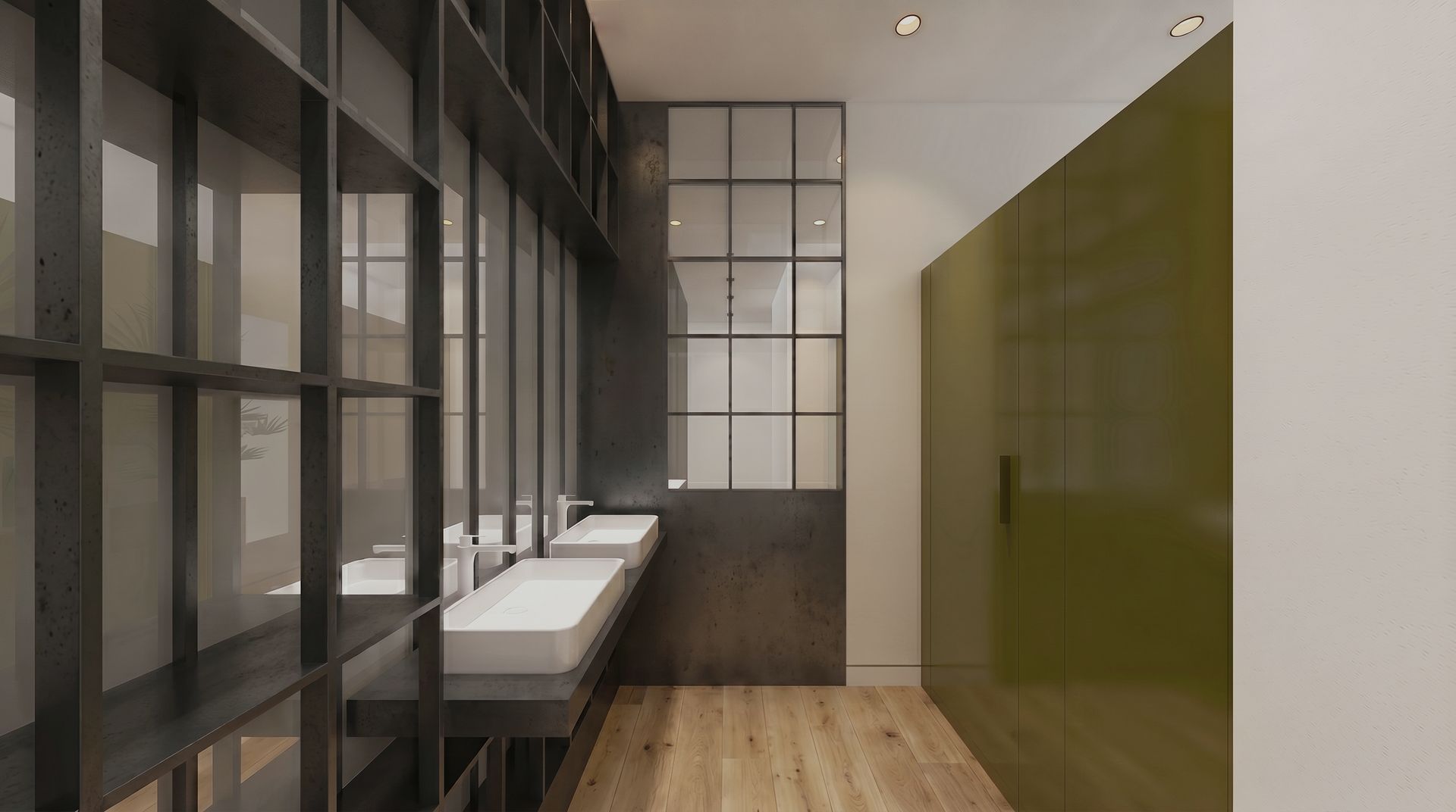 Baño moderno minimalista con ducha de cristal con marco oscuro, lavabo blanco, suelo de madera y pared decorativa de color oliva.