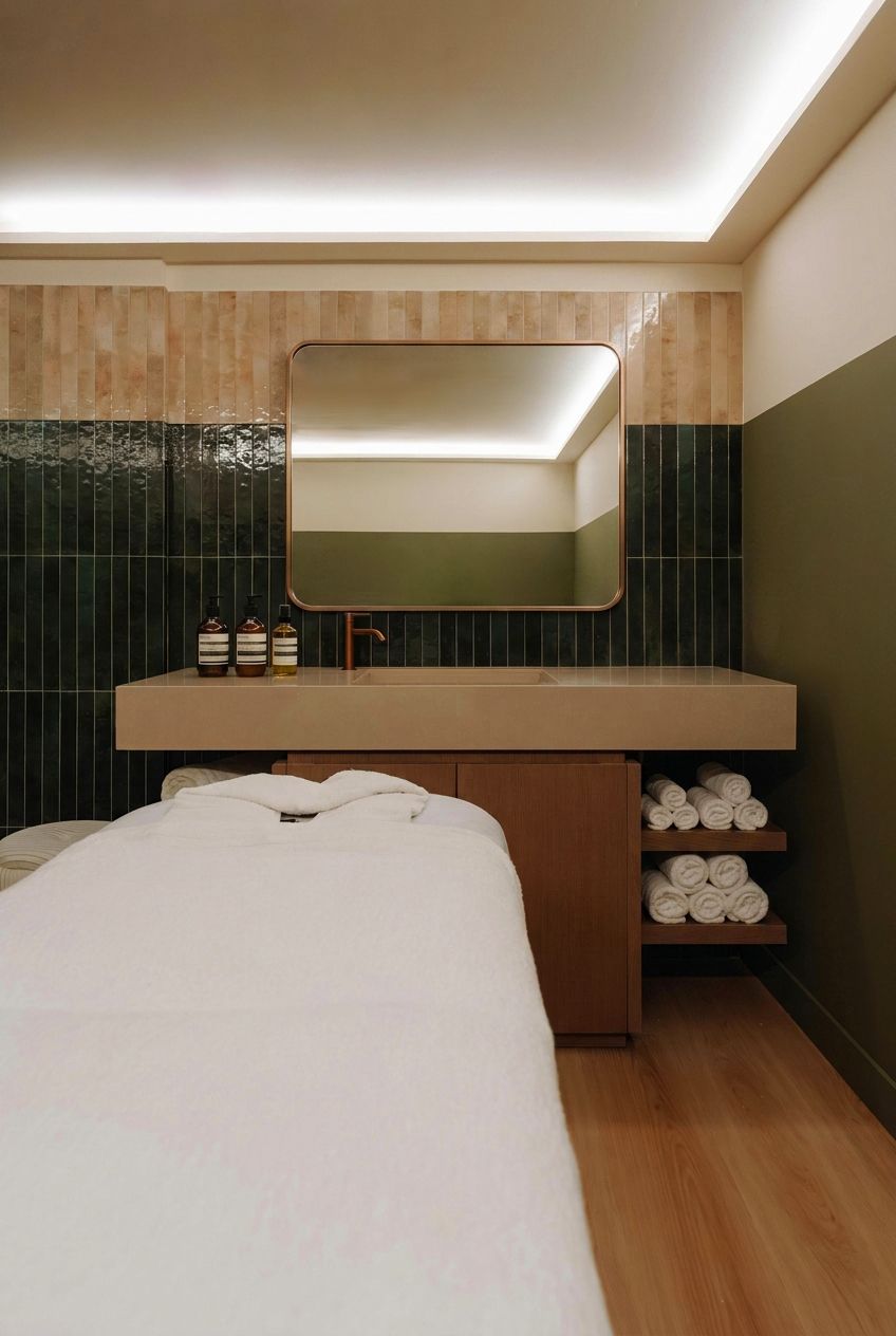 Sala de tratamientos de spa moderna con camilla de masaje, detalles en madera, espejo y toallas cuidadosamente apiladas.