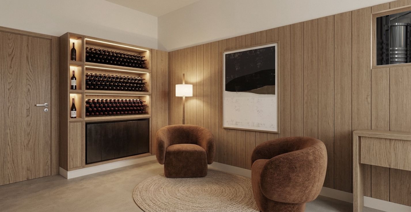 Acogedor salón moderno con dos sillones marrones, una alfombra redonda, una lámpara de pared y un mueble para guardar vinos.