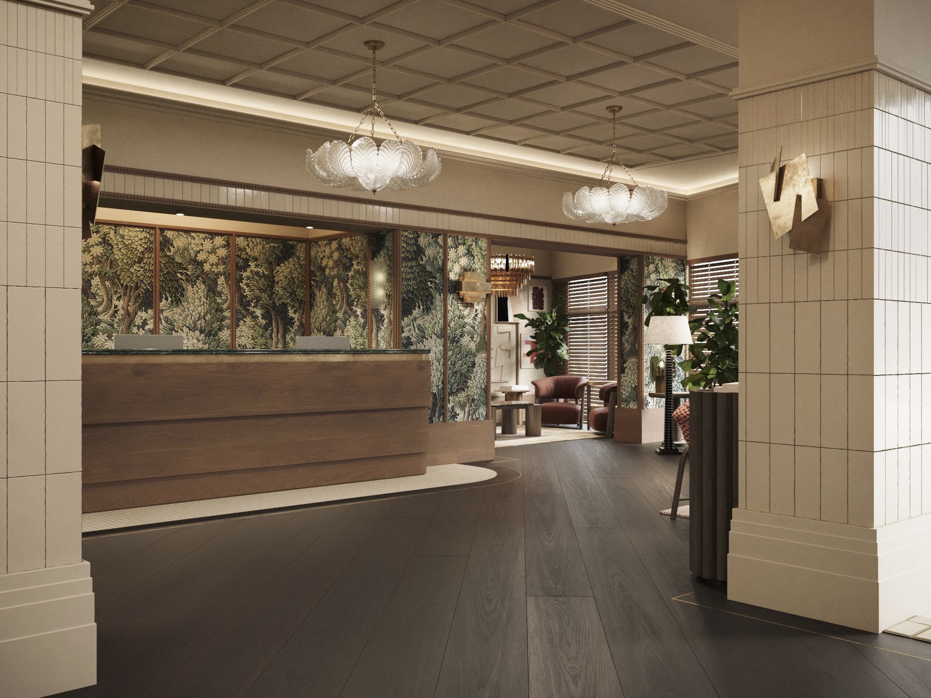 Elegante vestíbulo de hotel con mostrador de recepción de madera, suelo oscuro y lámparas colgantes.