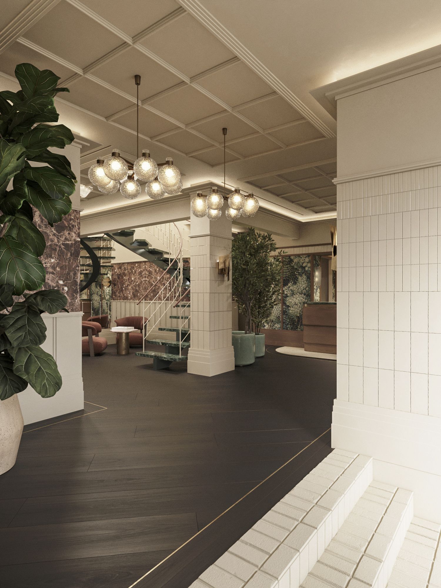 Vestíbulo moderno con columnas blancas, lámparas colgantes, suelo de madera oscura y grandes macetas con plantas.