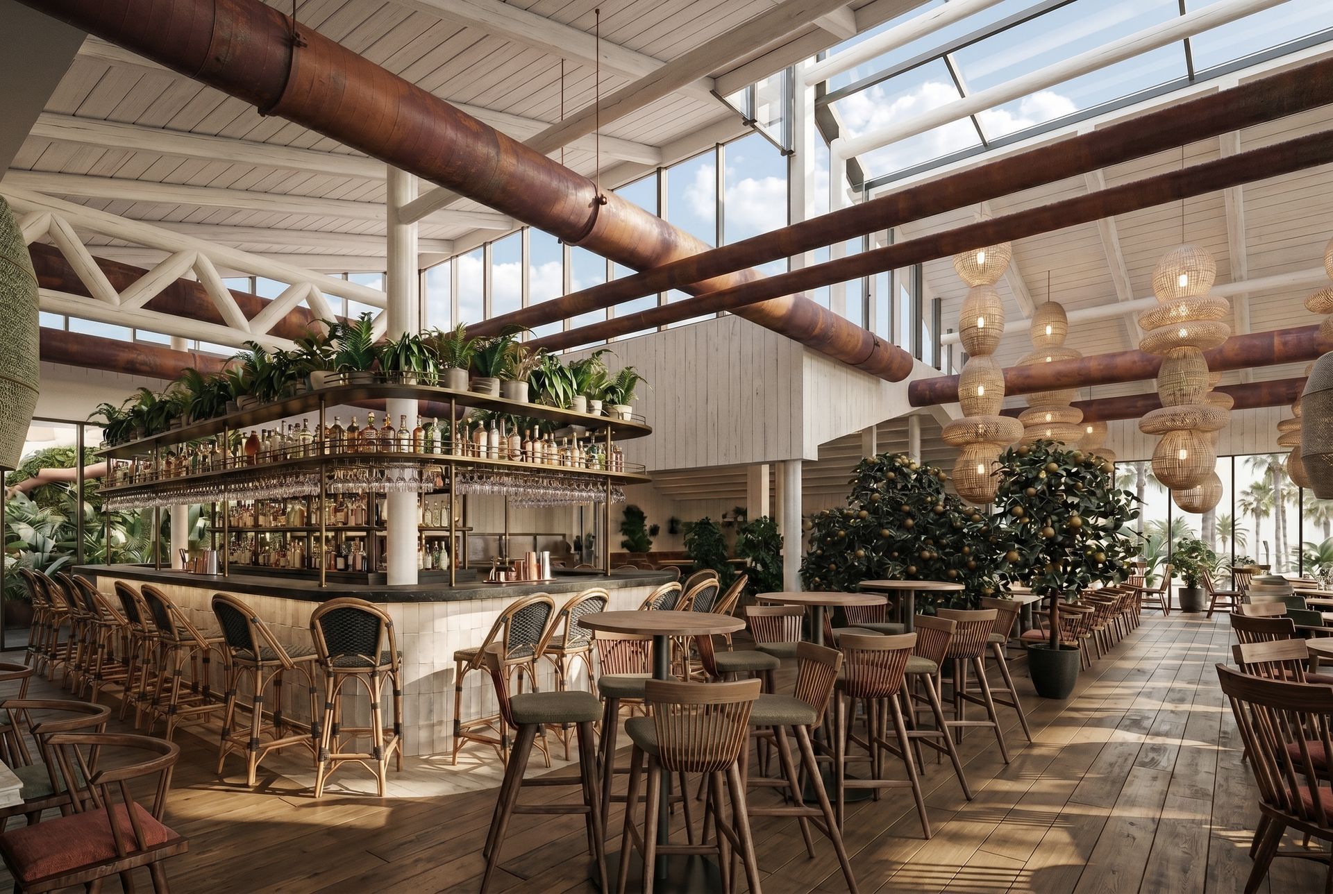Interior luminoso y lleno de plantas, con mesas de madera, asientos en la barra y lámparas colgantes.