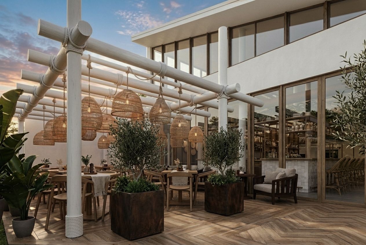 Terraza de cafetería al aire libre con pérgola blanca, árboles en macetas, mesas y paredes de cristal al atardecer.