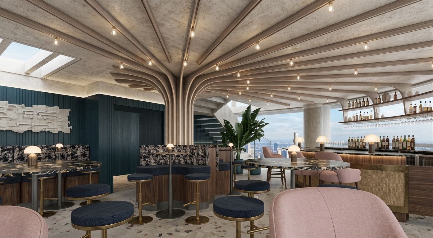 Elegante salón con techo curvo de madera, taburetes azules, estantes de bar y una luminosa zona de estar con vistas al mar.