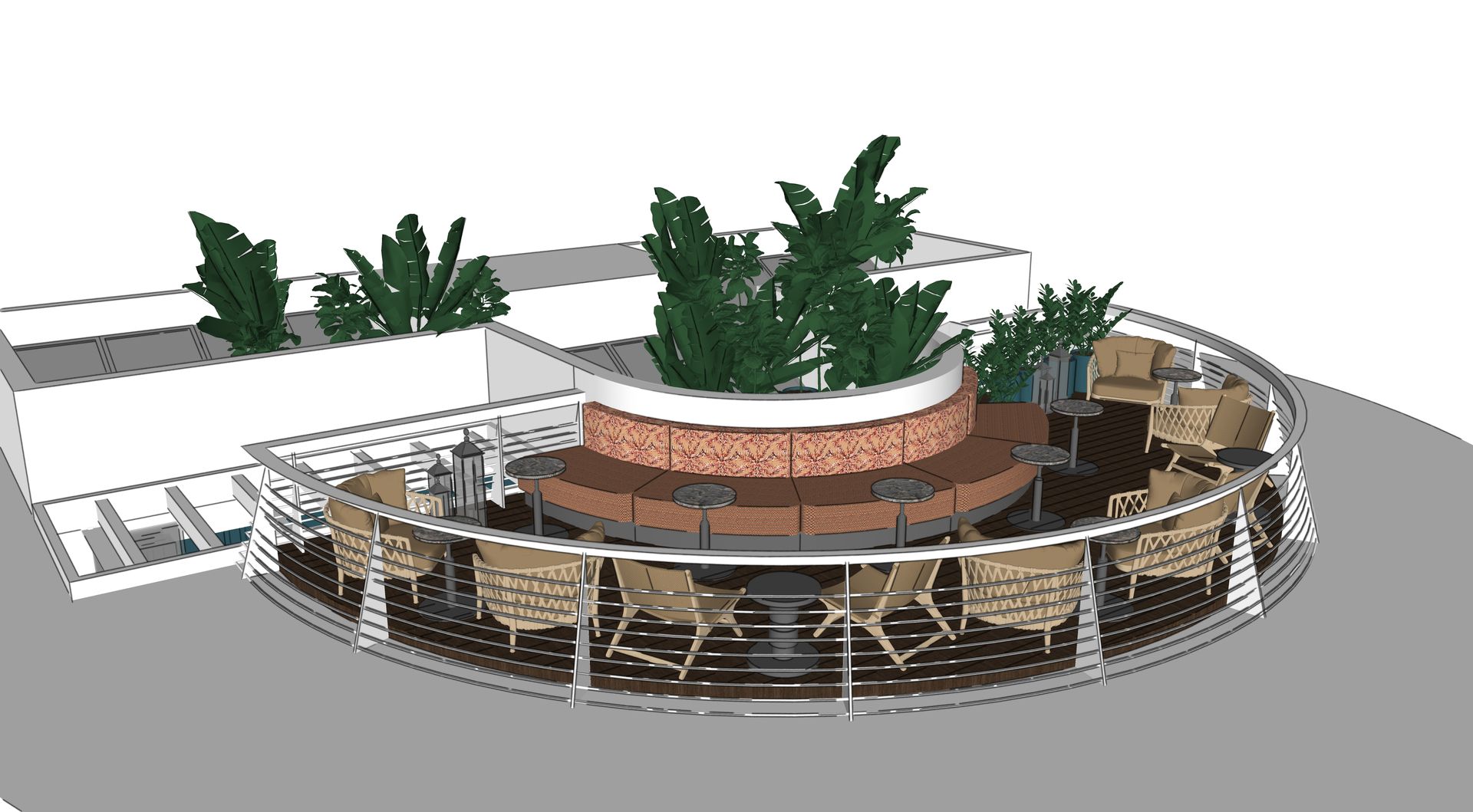 Cafetería circular al aire libre con asientos escalonados, jardinera central de ladrillo y palmeras bajo un toldo blanco.