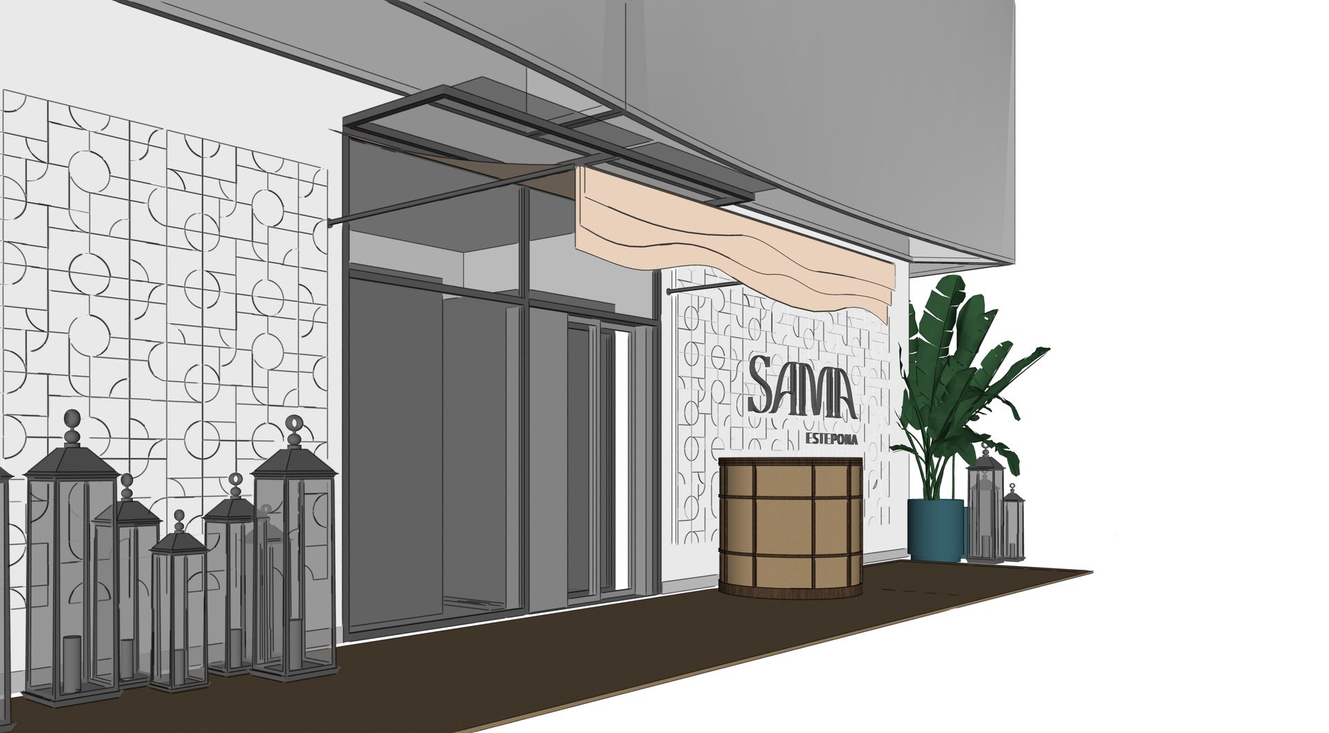 Local comercial moderno con fachada gris, puertas de cristal, faroles, plantas en macetas y un pequeño mostrador bajo un toldo.