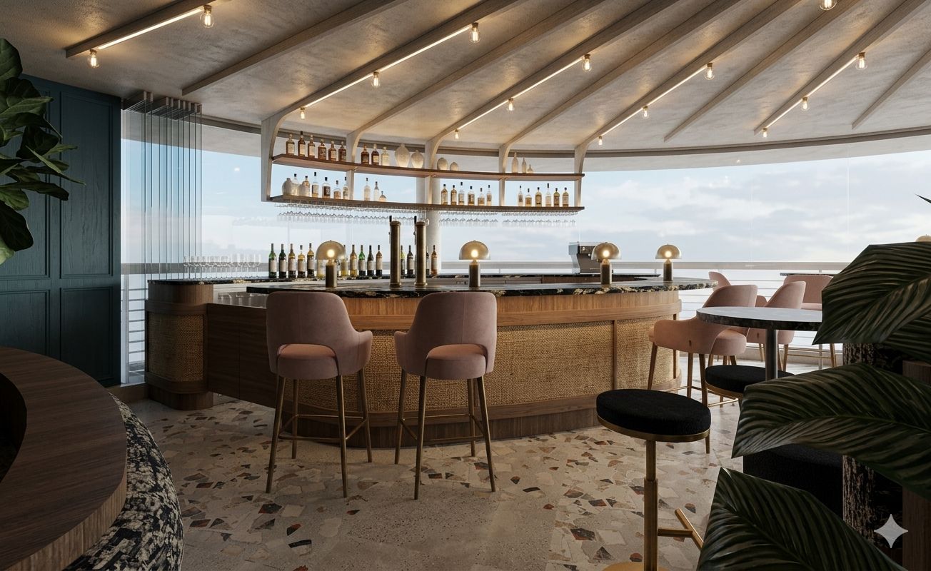 Elegante bar en la azotea con barra de madera, taburetes rosas, luces colgantes y vista al mar.