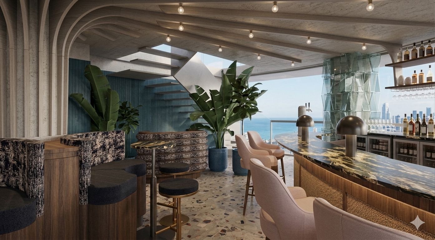 Salón moderno junto a la playa con barra, cabinas tejidas, plantas y vista al océano.