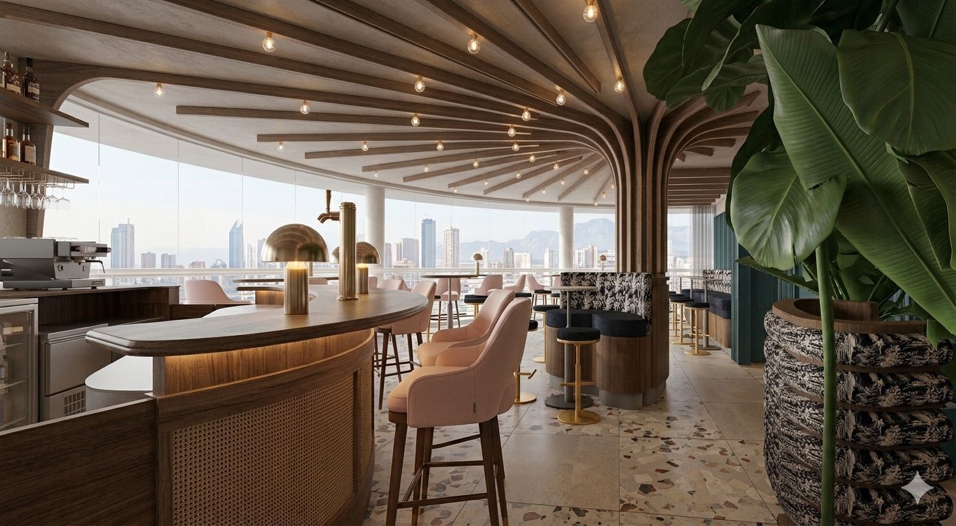 Elegante terraza en la azotea con techo curvo de madera, sillas rosas, barra y vistas a la ciudad.