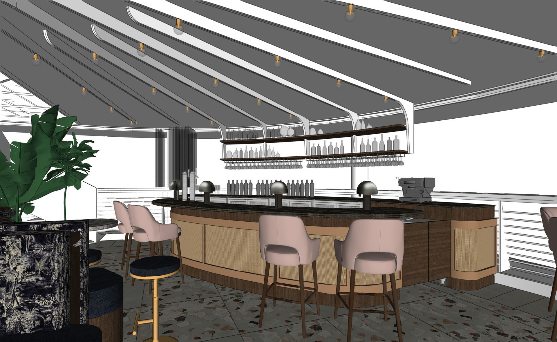 Interior de bar moderno con mostrador de madera, taburetes rosas, estantes para botellas y un techo con dosel gris.