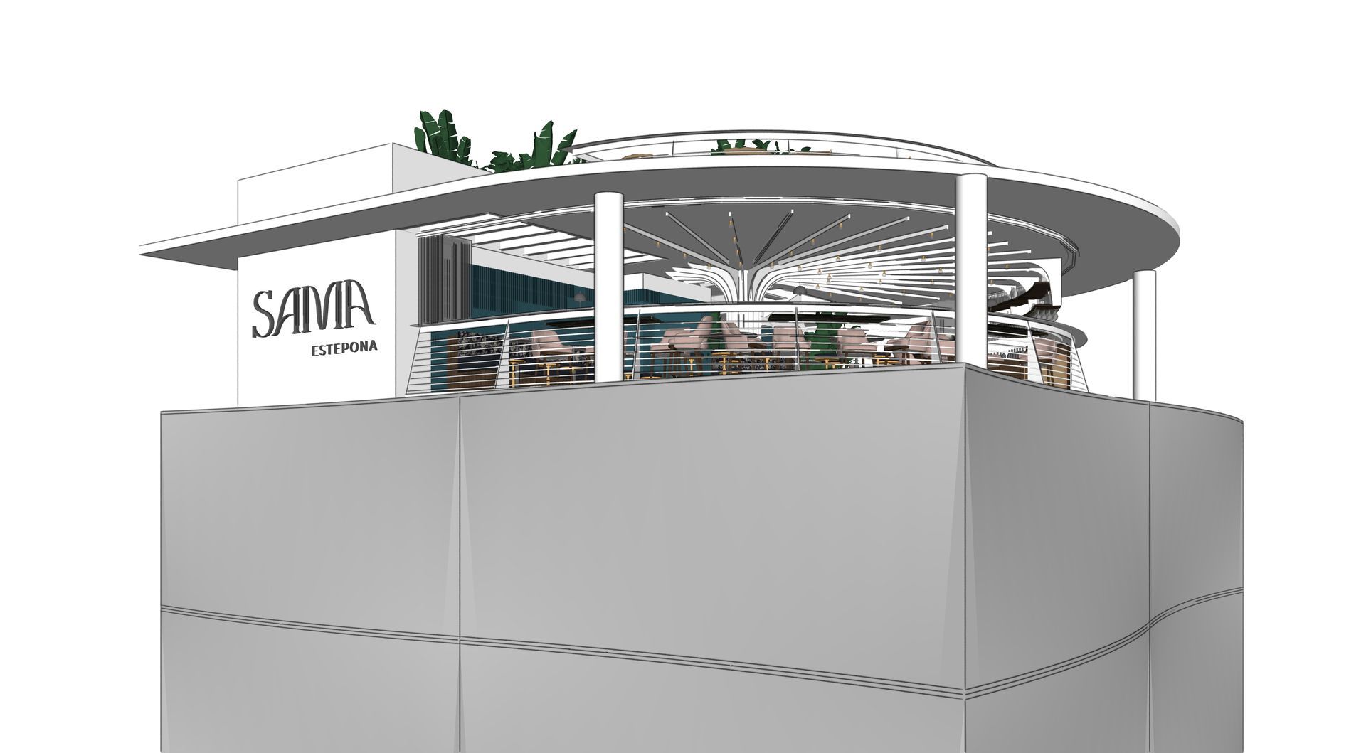 Cafetería moderna al aire libre en la azotea con un toldo curvo blanco y paredes grises, que muestra el letrero de SAVIA.