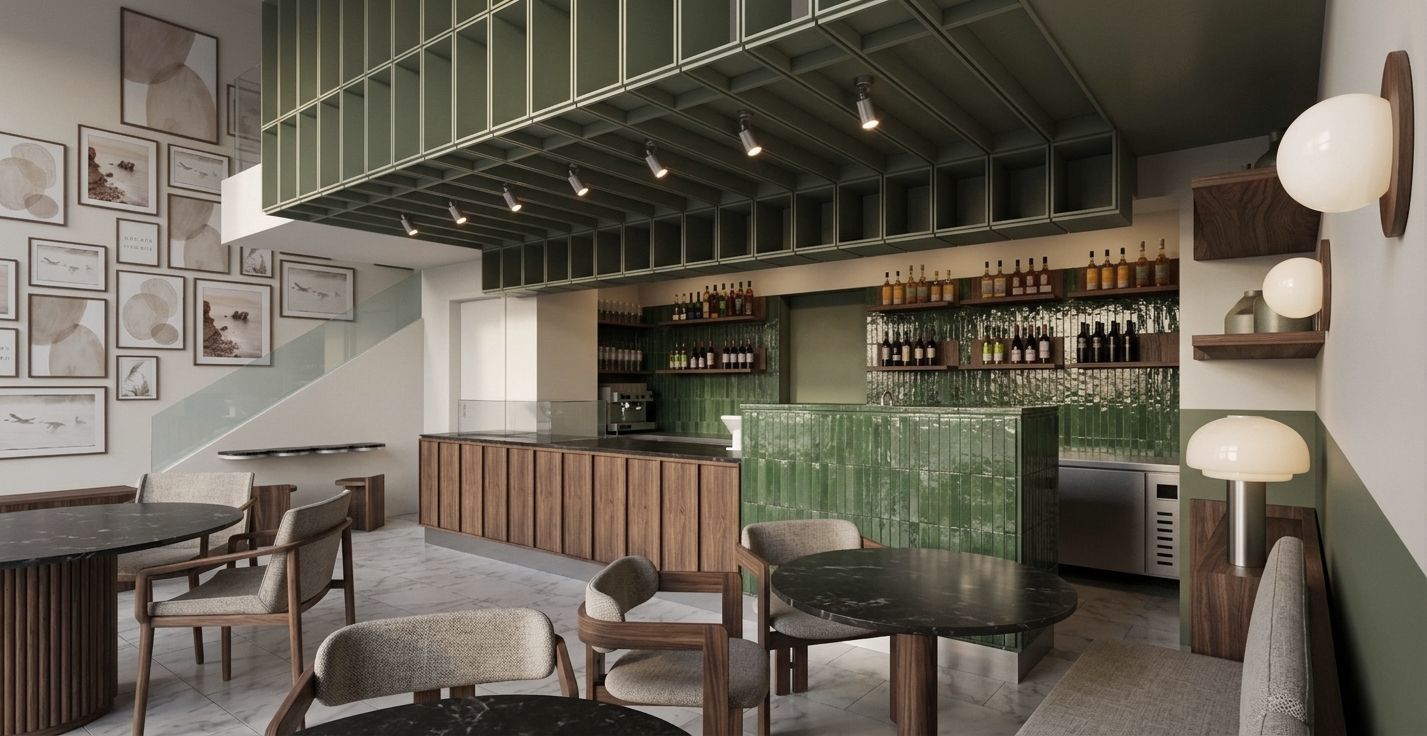 Interior de cafetería acogedor y moderno con cabinas de madera, lámparas colgantes, barra de azulejos verdes y cuadros enmarcados en las paredes.