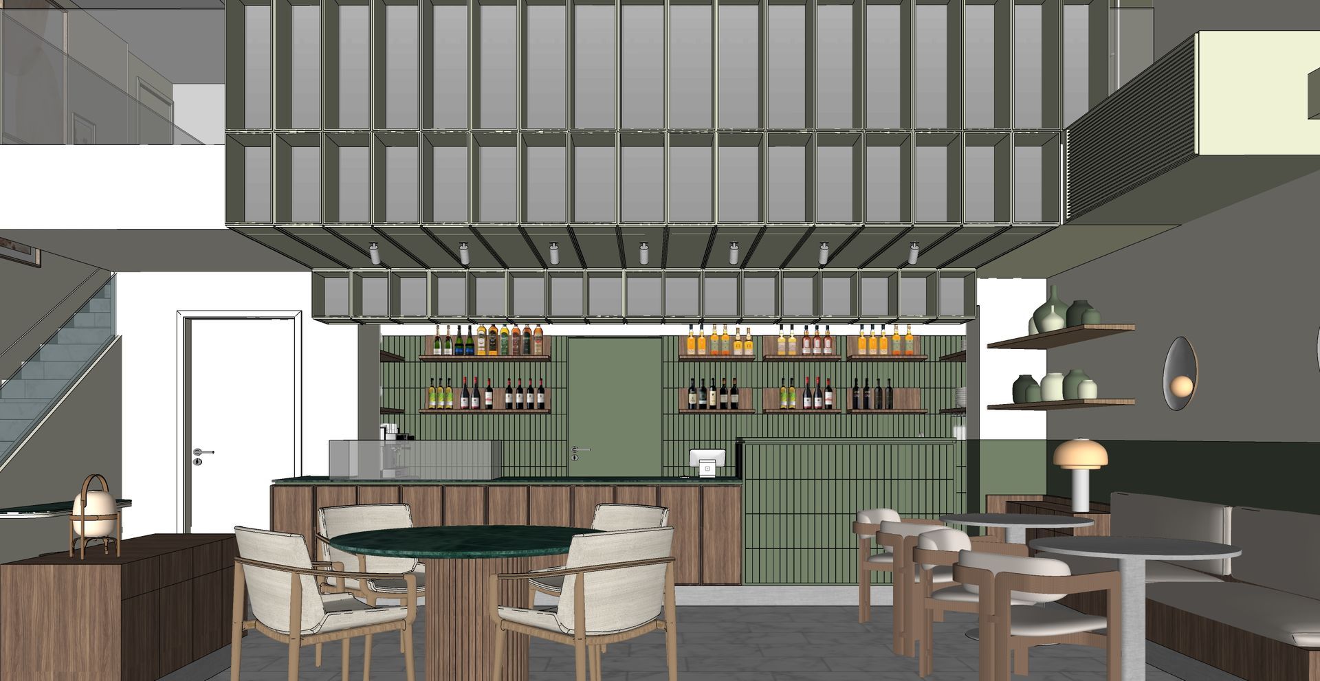 Interior de cafetería moderna con estanterías verdes, lámparas colgantes y mesas y sillas de madera.